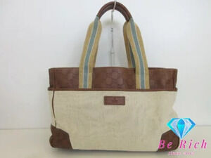Gucci Handbag Tote Bag GG Shima Leather Canvas Beige Brown